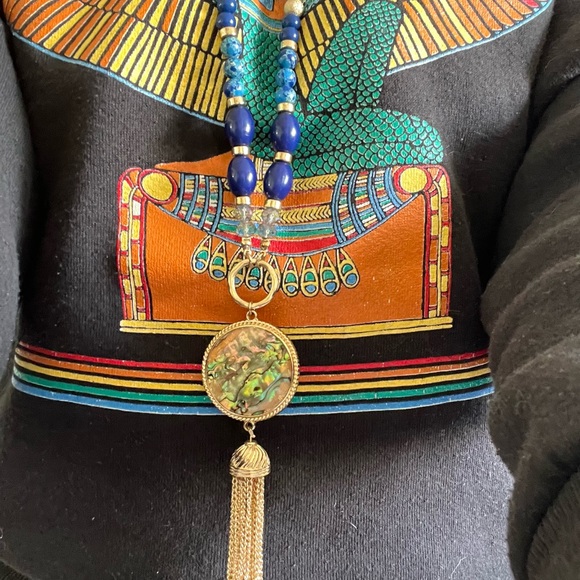 BOGO 80s to 90s Abalone Tassel Necklace. Faux Lapis Lazuli and Crystal Bead - Picture 6 of 12